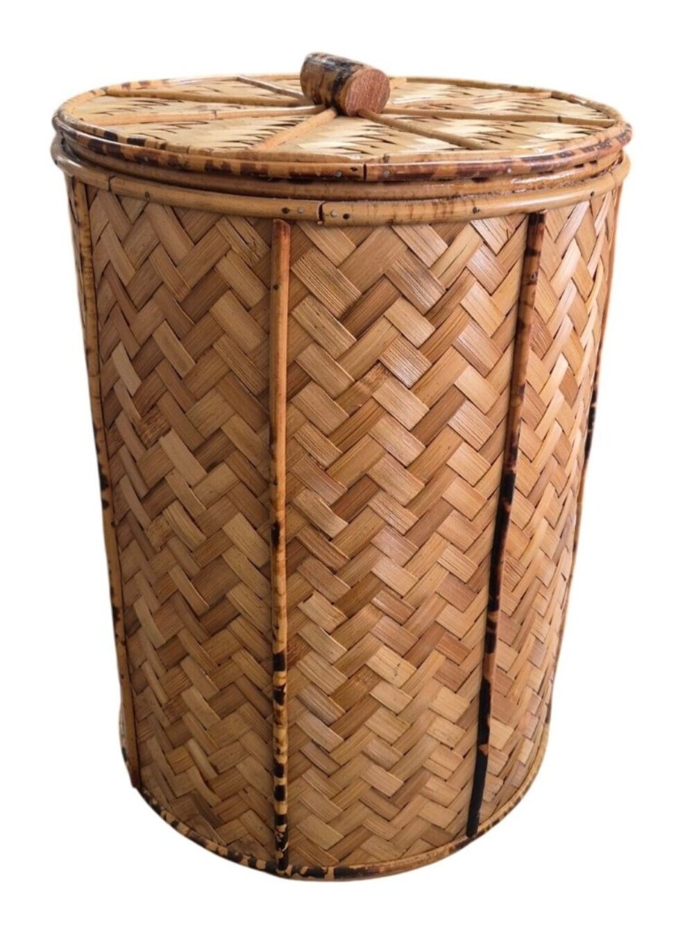 Vintage Woven Bamboo Basket Round Lidded Large Hamper Rustic Storage Laundry